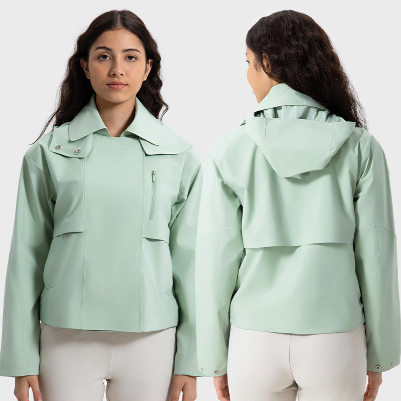 Women's Windproof and Waterproof Short Windbreaker With Detachable Hood Breathable Coat for Fall/Winter Outdoor Leisure Sports