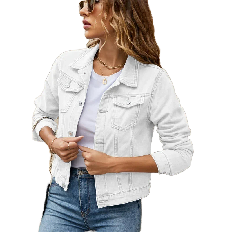 Women's Trendy Button Denim Jacket with Woven Spandex Lining Printed Cotton Filling Black Jean Coat for Spring Autumn Season