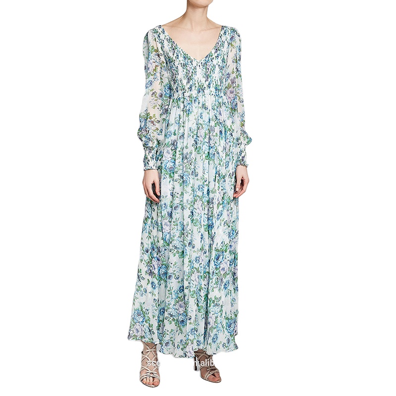New Design Lady Maxi Dresses Long Sleeve Floral Print Women Dress