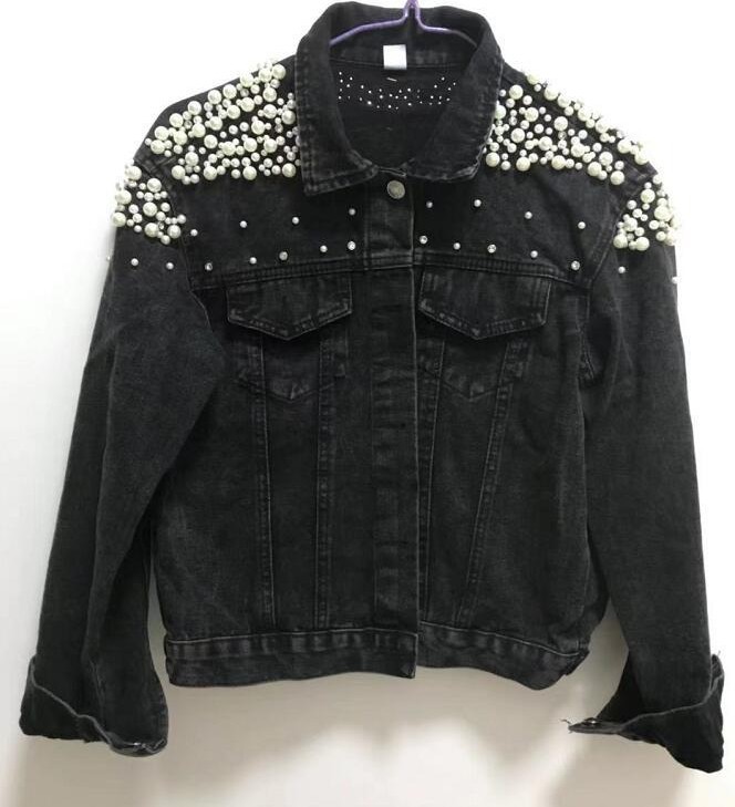 2021 Hot Sale Ladies Denim Jacket Beaded Pearl Loose Thin Autumn and Winter Short Denim Jacket