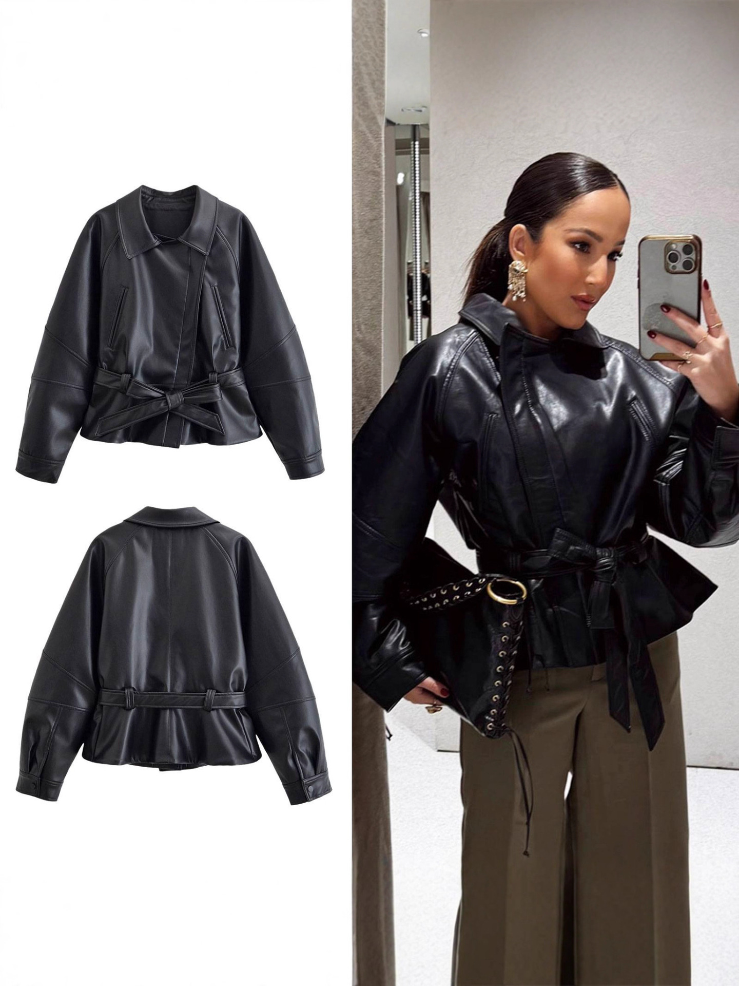 PB&amp;ZA Cross Border European and American Style 2025 New Fashion Style Women's Clothing Wholesale Black Short Leather Windbreaker