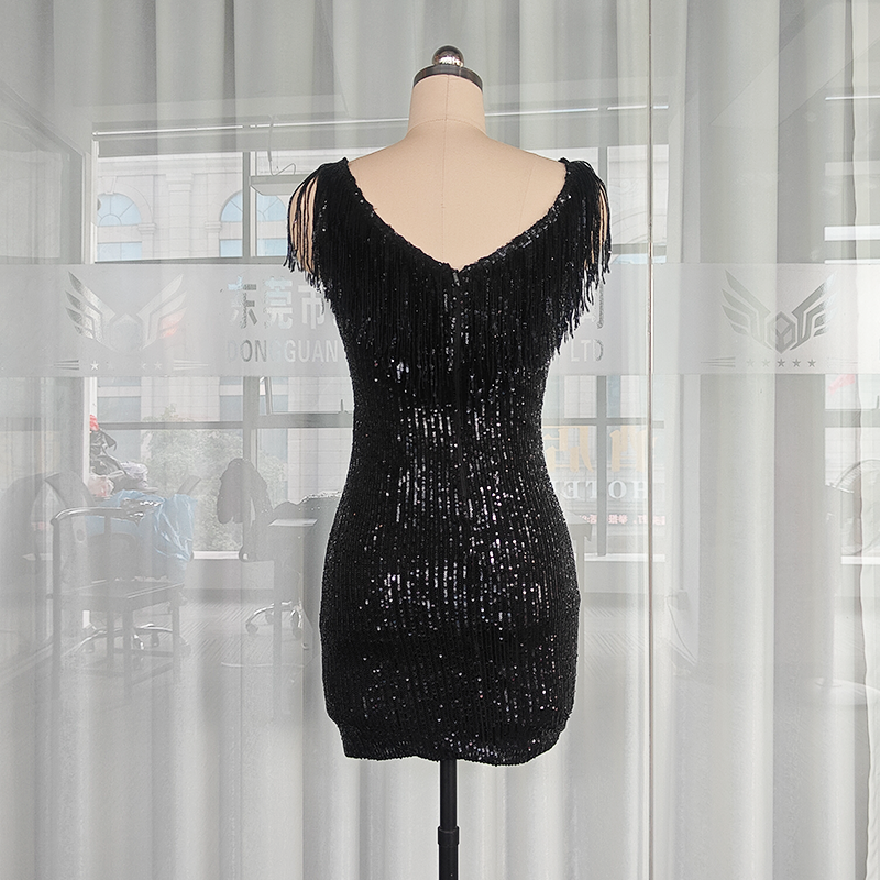 Ladies' Glorious Sequin Evening Dress Glamorous V-Neck High Collar Fringe Breathable Anti-Static Crocheted Summer Club Dress