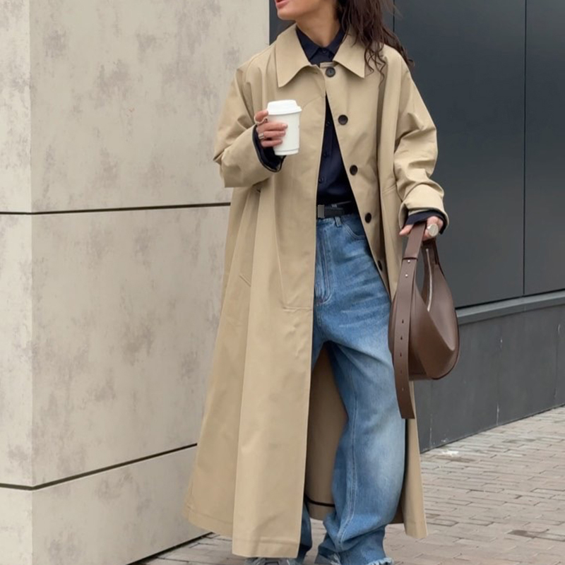 Enyami Wholesale Custom Medium Khaki Lapel Buttons Long Sleeves High Quality Casual Trench Coat Women Overcoat With Pocket