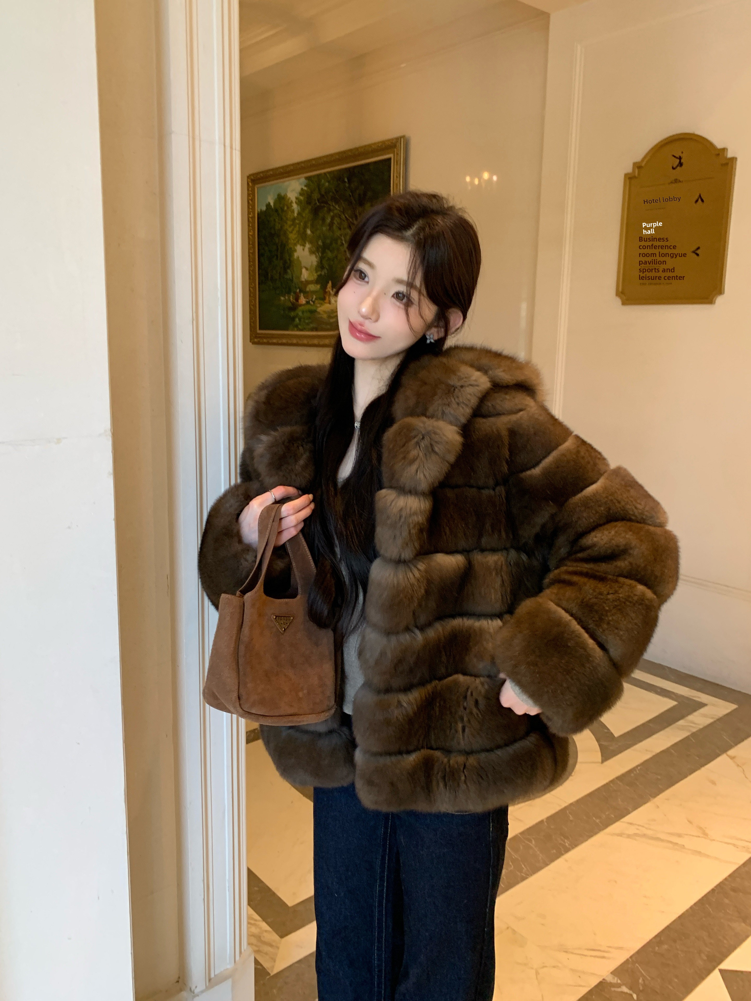 2026 Winter New High-Endimitation fur Purple Fox Fur Korean Style Thick Women's Youthful Hooded Fur Coat