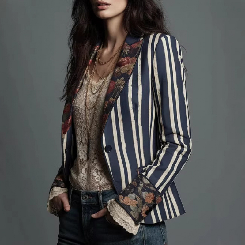 Fashionable European Women's Blazer in Vibrant Striped Design