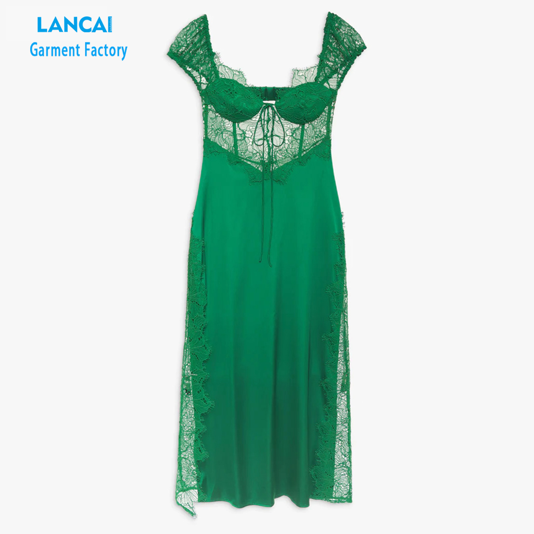 Ladies Sexy Party Club Corset Lace Evening Gown High Slit Embroidery Satin Evening Dresses for Women