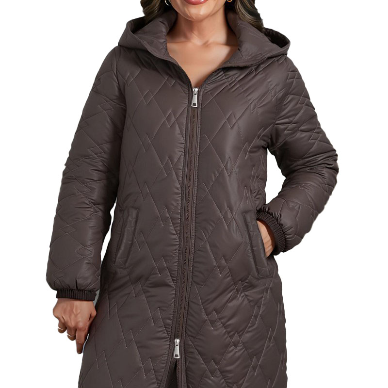 Elegant Beige Quilted Hooded Parka Women's Mid-Length Winter Outerwear Windproof Zipper Stripe