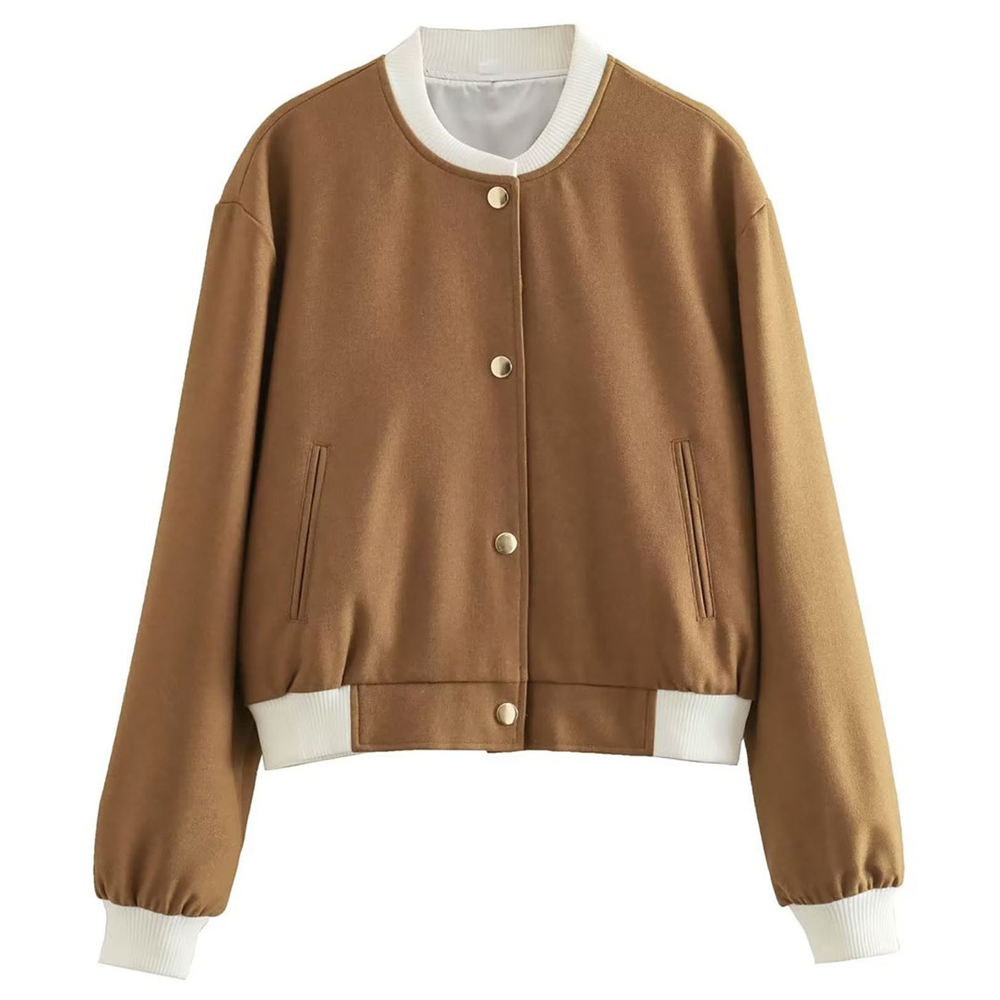 Women's Casual Button-up Bomber Jacket Solid Color Varsity Outerwear with Big Pockets Cotton-Filled Lettermen Jacket for Autumn