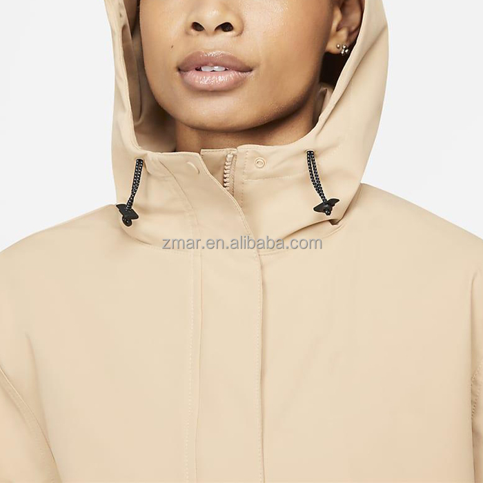 LMY331 Knee Length Parka Female Woven Recycled Snap Pockets Flap Zipper Front Coat
