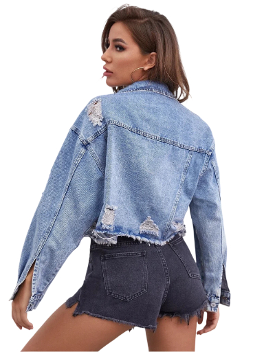 YUANBOFEI Women's Cropped Denim Jacket Baggy Fit Coat Ripped Distressed Frayed Hem Casual Streetwear Loose Jean Coat