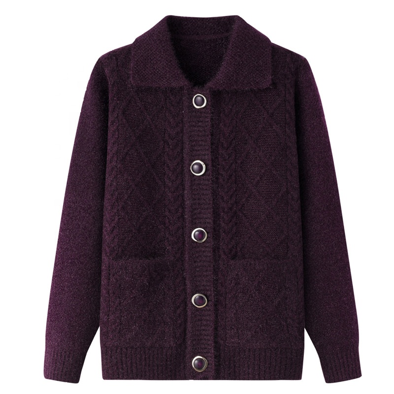 High Quality Cable Knit Autumn and Winter Leisure Long Sleeved Old Lady Custom Cardigan Woman Sweater Women