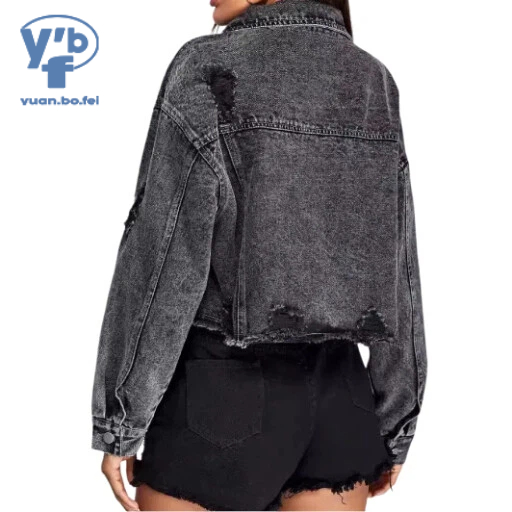 YUANBOFEI Women's Cropped Denim Jacket Baggy Fit Coat Ripped Distressed Frayed Hem Casual Streetwear Loose Jean Coat