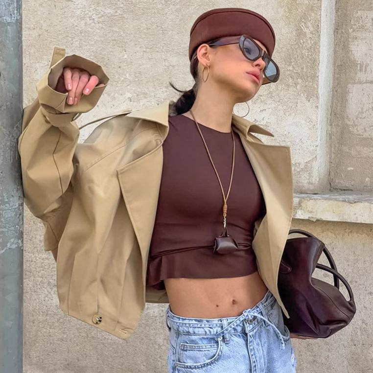 Suit Button Collar Double Breasted Casual Cargo Trench Streetwear Coat 2025 Autumn Women's Fashion Solid Short Jacket Cool Silk