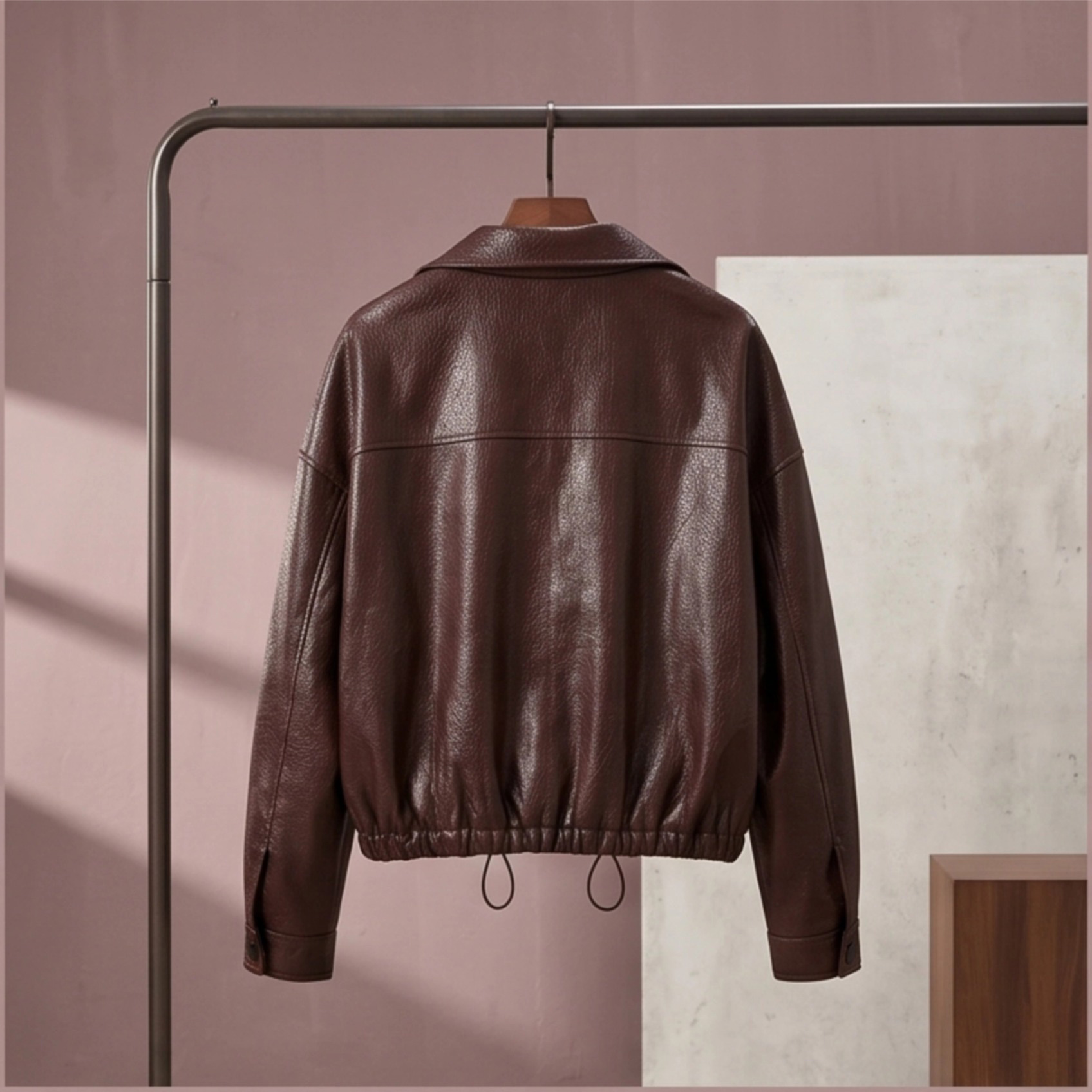 Women's 100% Genuine Leather Bomber Jacket Cropped Zip-Up Drawstring Hem Casual Outerwear OEM ODM