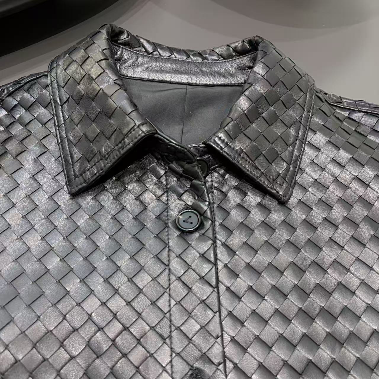 New Style Black Woven Leather Jacket Women Shirt Collar Mid Length Coat with Side Split Single Button Autumn for Outdoor