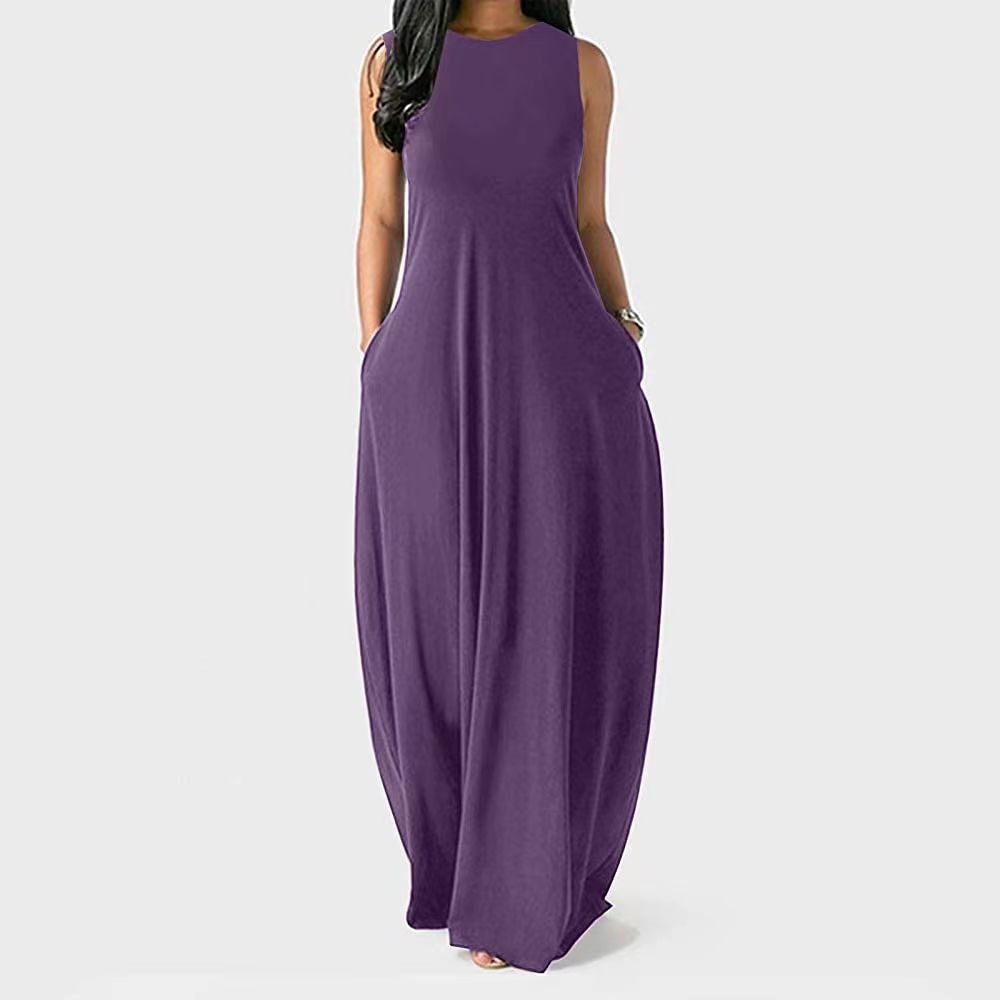 Loose Sleeveless Vest Solid Color O Neck Maxi Long Casual Dresses Women