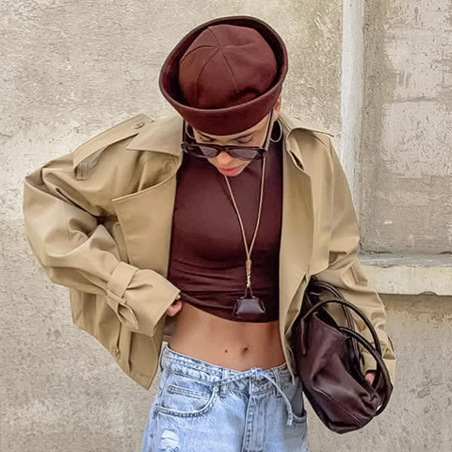 Suit Button Collar Double Breasted Casual Cargo Trench Streetwear Coat 2025 Autumn Women's Fashion Solid Short Jacket Cool Silk