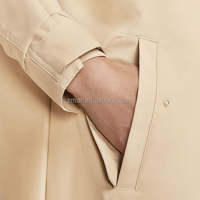 LMY331 Knee Length Parka Female Woven Recycled Snap Pockets Flap Zipper Front Coat