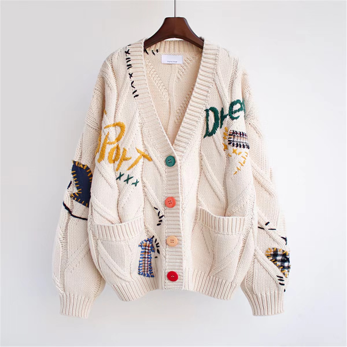 FNJIA Custom Women's Casual V-Neck Cardigan Jumper Loose Single-Breasted Embroidered Jacquard Sweater