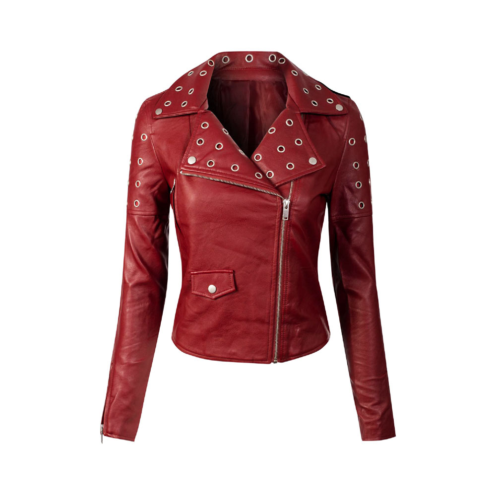Genuine Sheep Skin Leather Women's Winter Motorcycle Jacket High Quality Custom Design Cotton Lining Embroidery Stripe