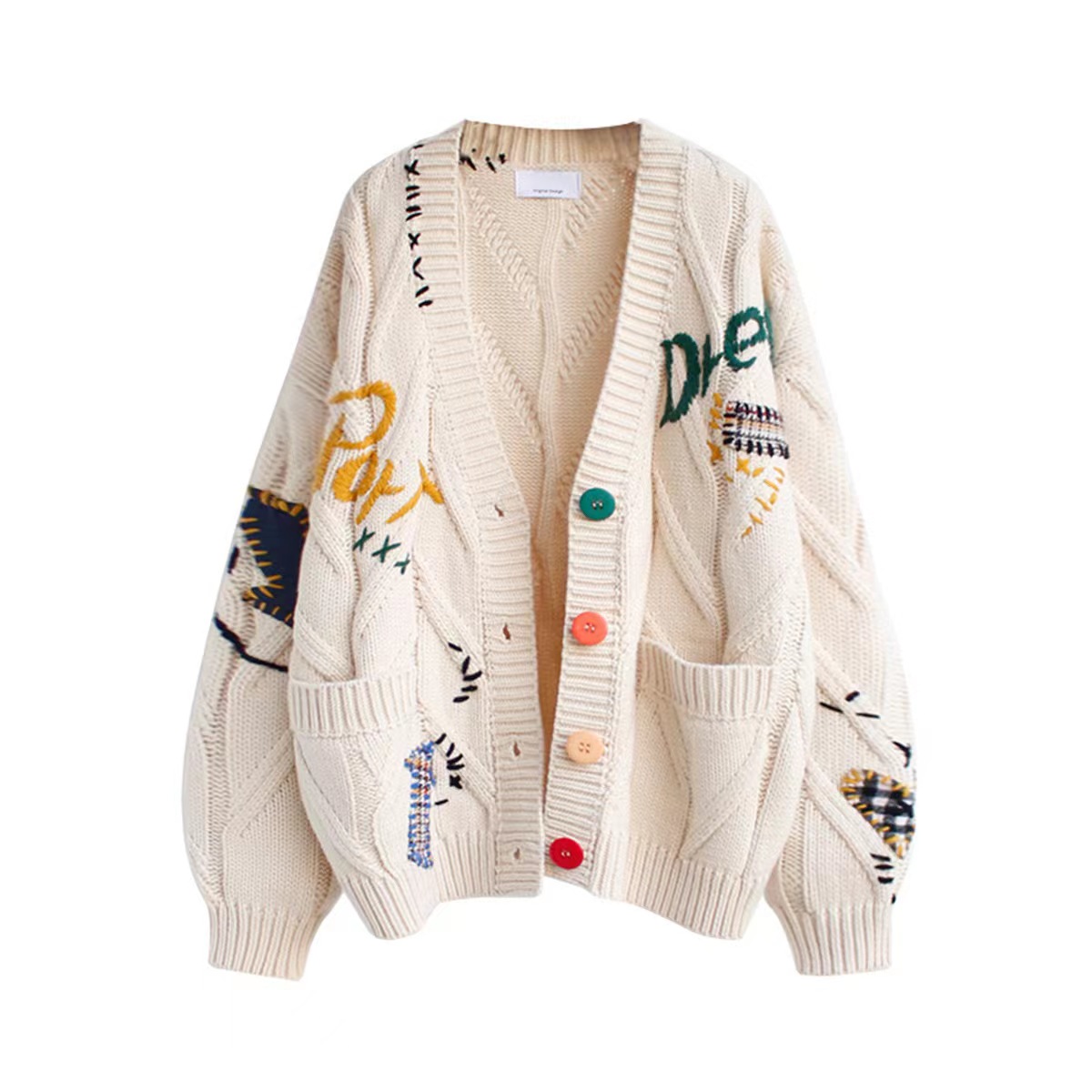 FNJIA Custom Women's Casual V-Neck Cardigan Jumper Loose Single-Breasted Embroidered Jacquard Sweater