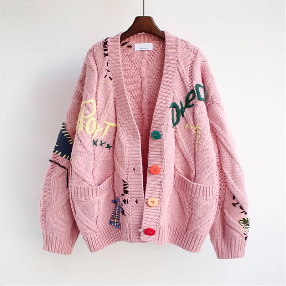 FNJIA Custom Women's Casual V-Neck Cardigan Jumper Loose Single-Breasted Embroidered Jacquard Sweater