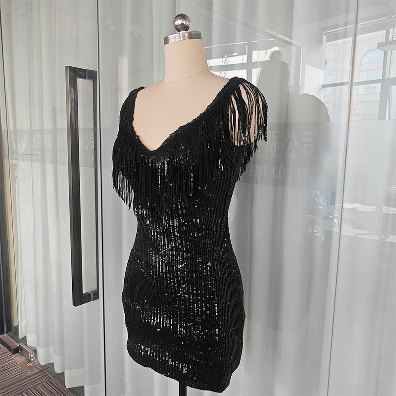 Ladies' Glorious Sequin Evening Dress Glamorous V-Neck High Collar Fringe Breathable Anti-Static Crocheted Summer Club Dress