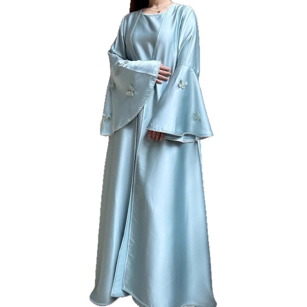 Zifeng OEM Fashion Middle Eastern Women's Muslim Butterfly Embroidered Diamond Belt Satin Cardigan Robe