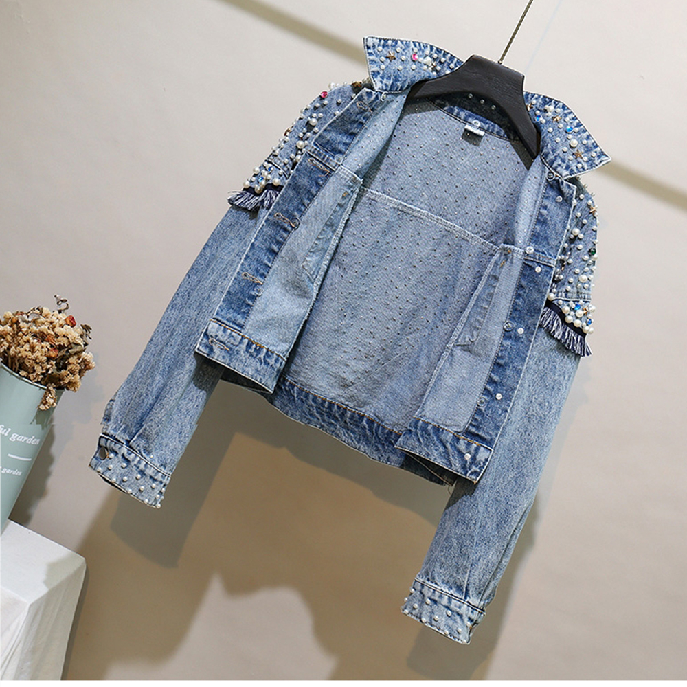 Luxury Ladies Pearl Diamond Long Sleeve Coat Women Denim Jacket With Bead