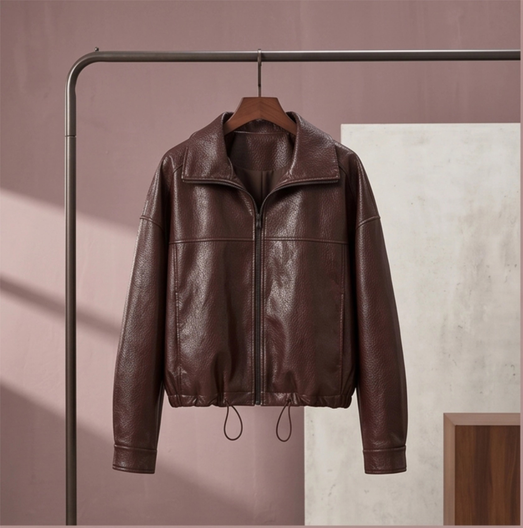 Brown Sheepskin Leather Jacket for Women, Stand-Up Collar Cropped Coat with Drawstring Hem, Spring Autumn Outerwear