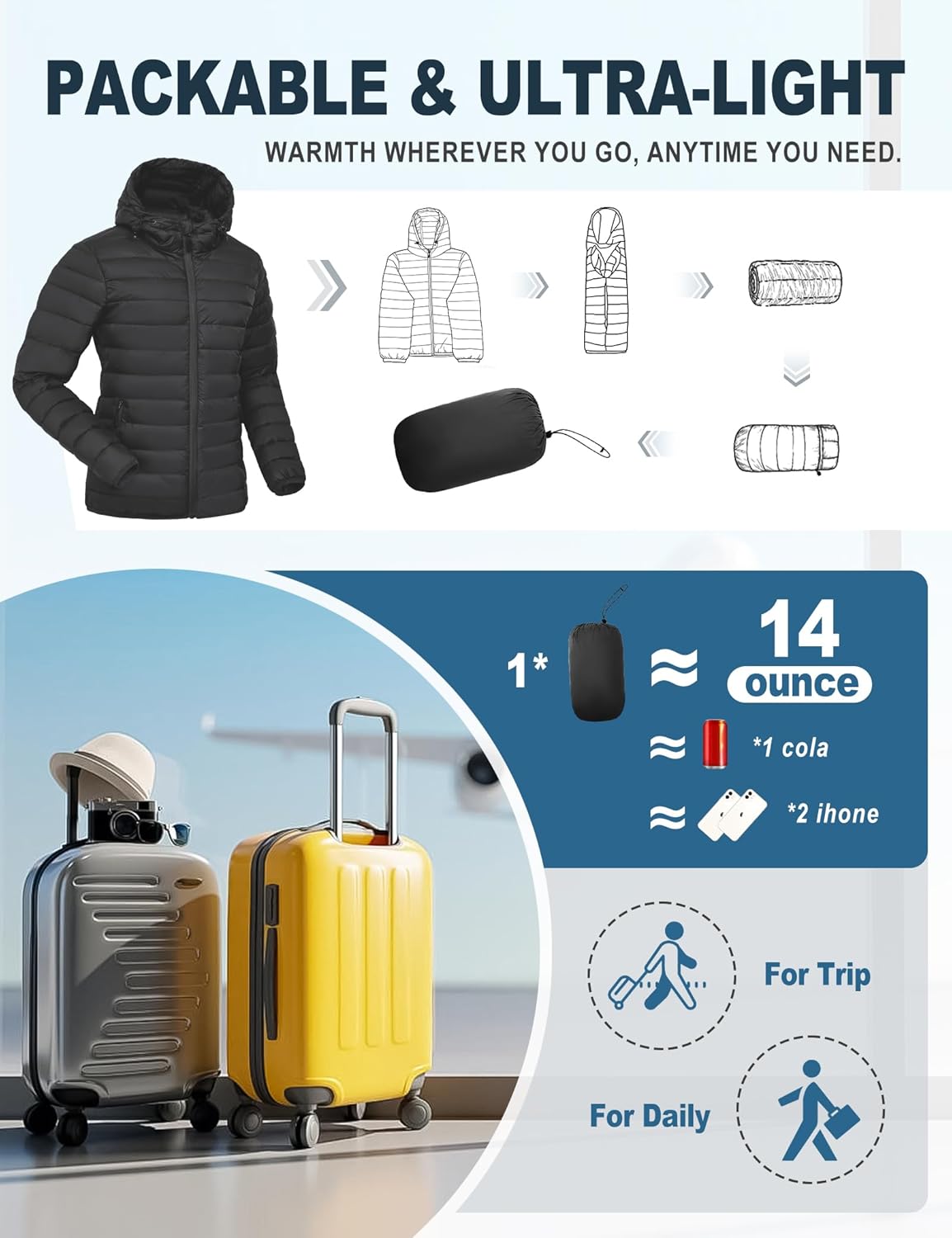 Women's Breathable Lightweight Packable Puffer Jacket Quilted Insulated Warm Winter Coat Full-Zip Hooded Outerwear Hiking Travel
