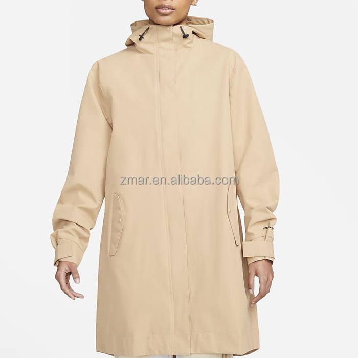 LMY331 Knee Length Parka Female Woven Recycled Snap Pockets Flap Zipper Front Coat