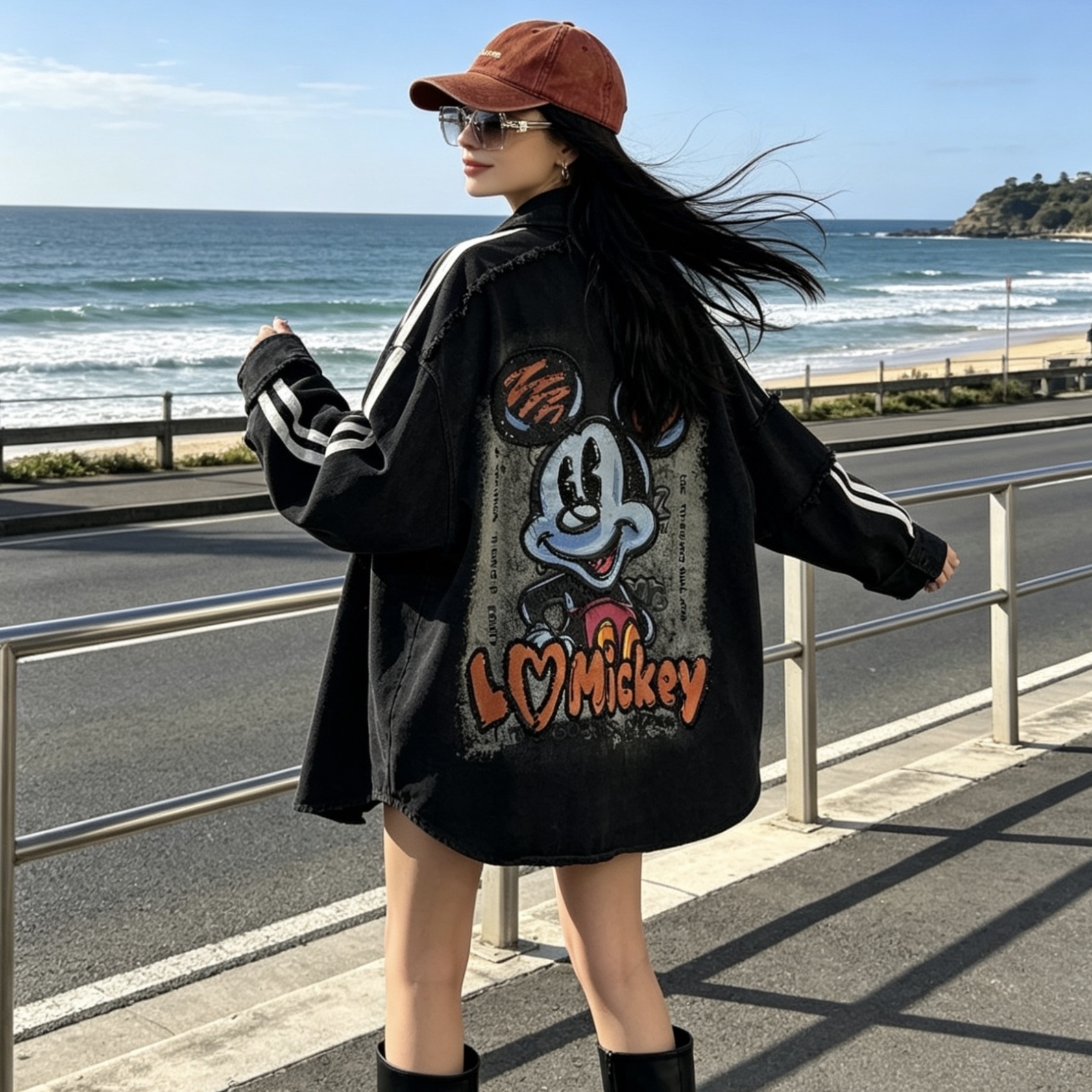 6823/FANMAJIALIE Black Denim Shirt With Mickey Cartoon Print Casual Daily Street Fashion Top Ladies' Coat Jacket