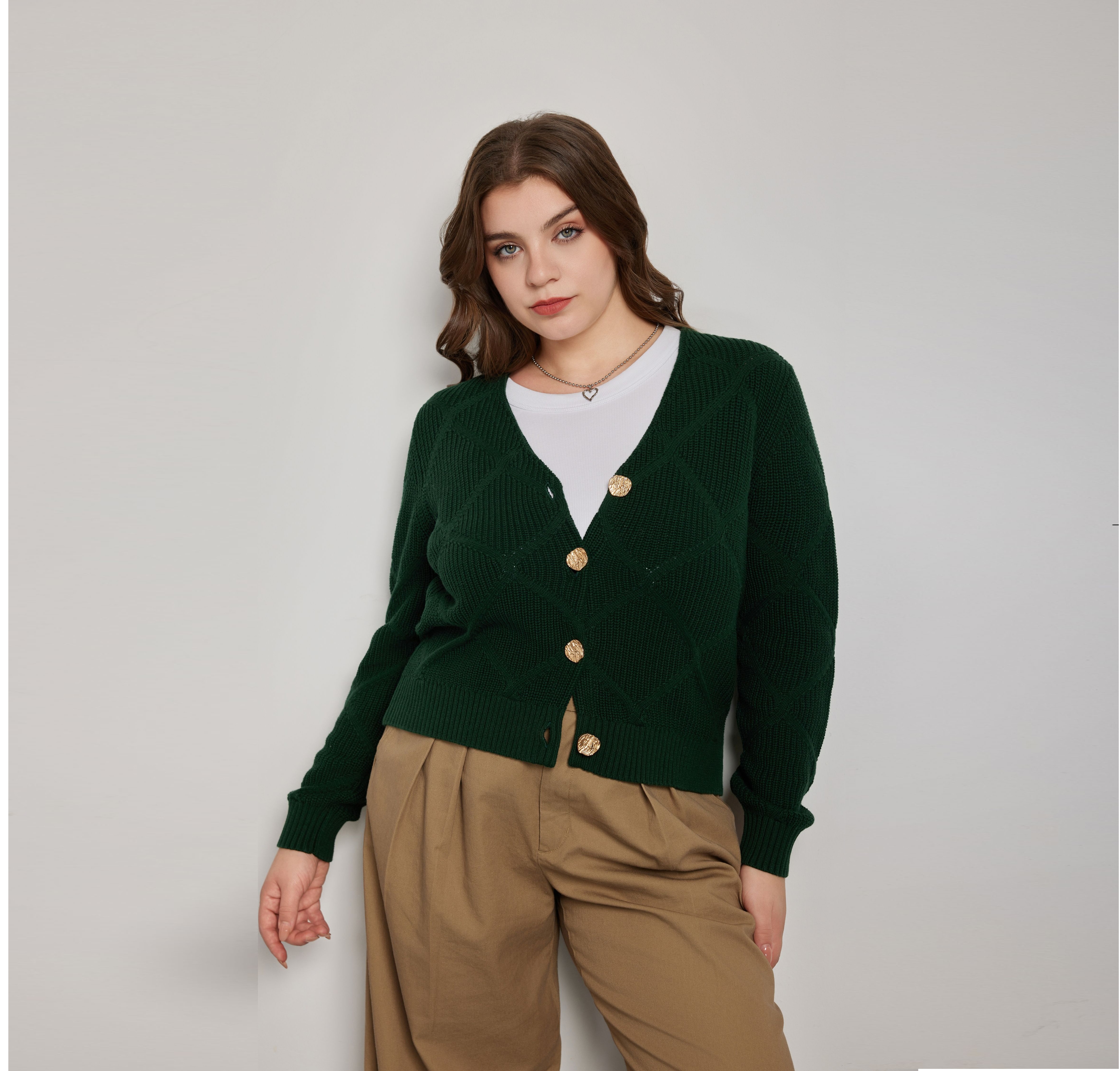 Women's Autumn Winter Easy-Wear Green V-neck Standard Cardigan Premium Gold Button Details Vintage Style 100% Cotton Knitted