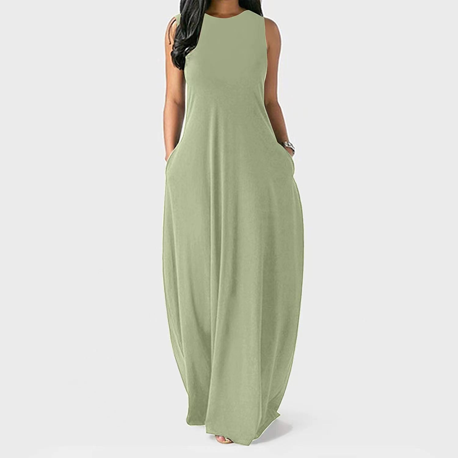 Loose Sleeveless Vest Solid Color O Neck Maxi Long Casual Dresses Women