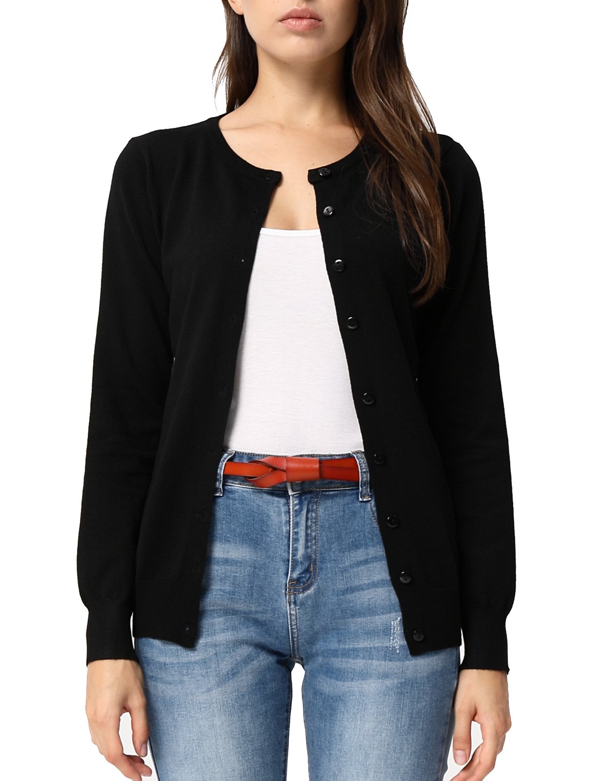 Simple Style Long Sleeve Button Down Crew Neck Classic Sweater Knit Cardigan