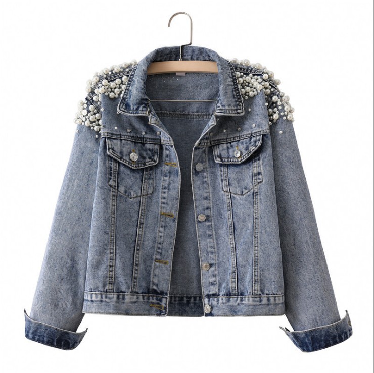 2021 Hot Sale Ladies Denim Jacket Beaded Pearl Loose Thin Autumn and Winter Short Denim Jacket