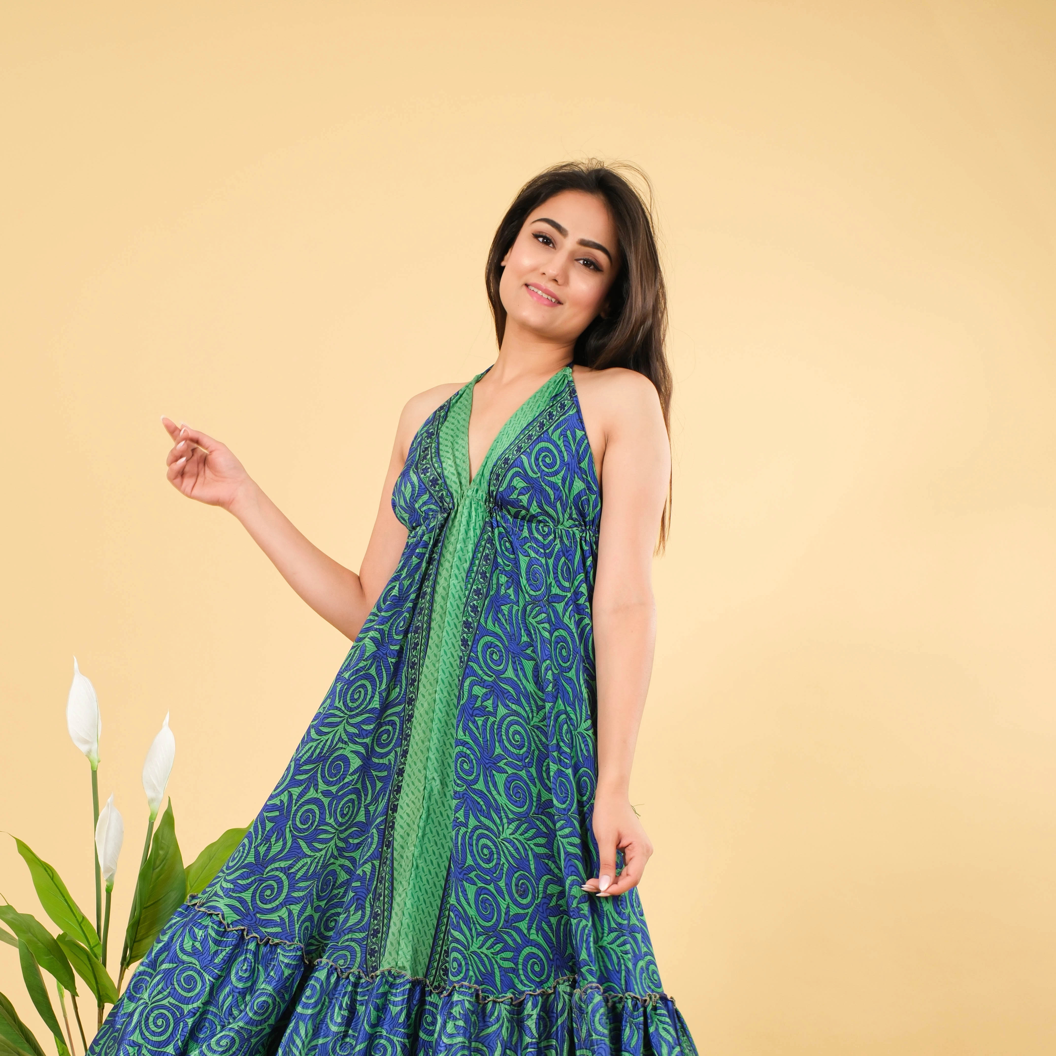 Handmade Lavinas Elegant Silk Floor-Length Maxi Dress Washable Breathable Formal Women Floral Hand Block Printed Backless V-Neck