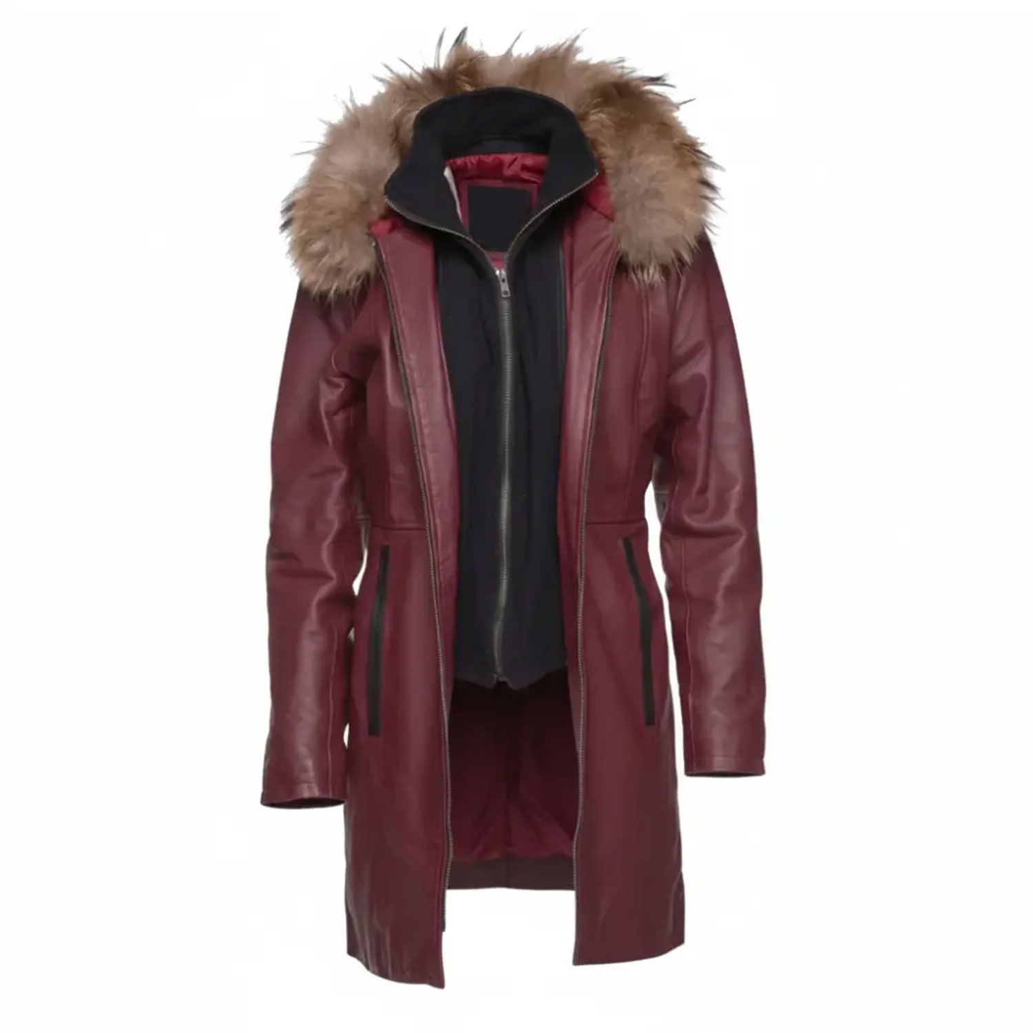 Customized Women's Leather Jacket Long Coat 3/4 Length Double Breasted Genuine Leather Knitted Cotton Lining Hooded