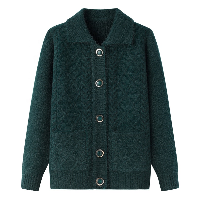 High Quality Cable Knit Autumn and Winter Leisure Long Sleeved Old Lady Custom Cardigan Woman Sweater Women