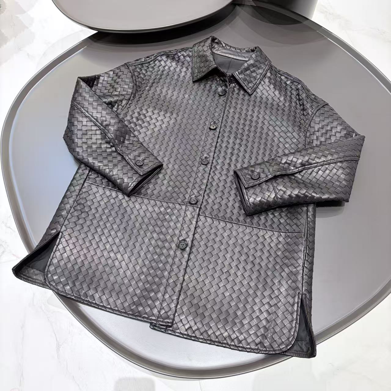 New Style Black Woven Leather Jacket Women Shirt Collar Mid Length Coat with Side Split Single Button Autumn for Outdoor