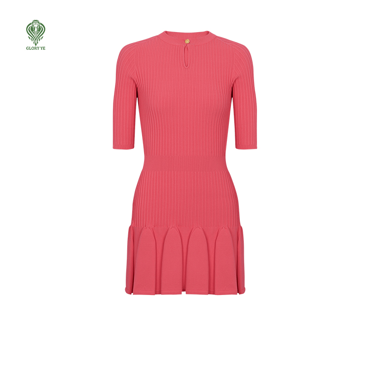 Wholesale Custom Elegant Shortsleeve Empire Waist Ladies' Knitted Evening Dress Ruffles Rib Merino Wool Women'S Sweater Dress