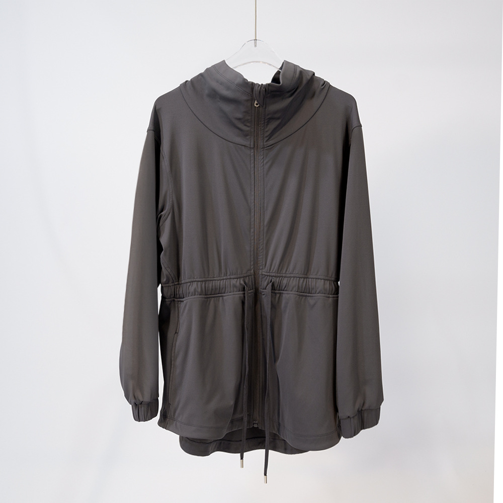 Women's Custom Solid Color Zip Sleeve Sports Jacket Breathable Outdoor Hiking Windbreaker Cinch Waist Trench Coats for Yoga Top