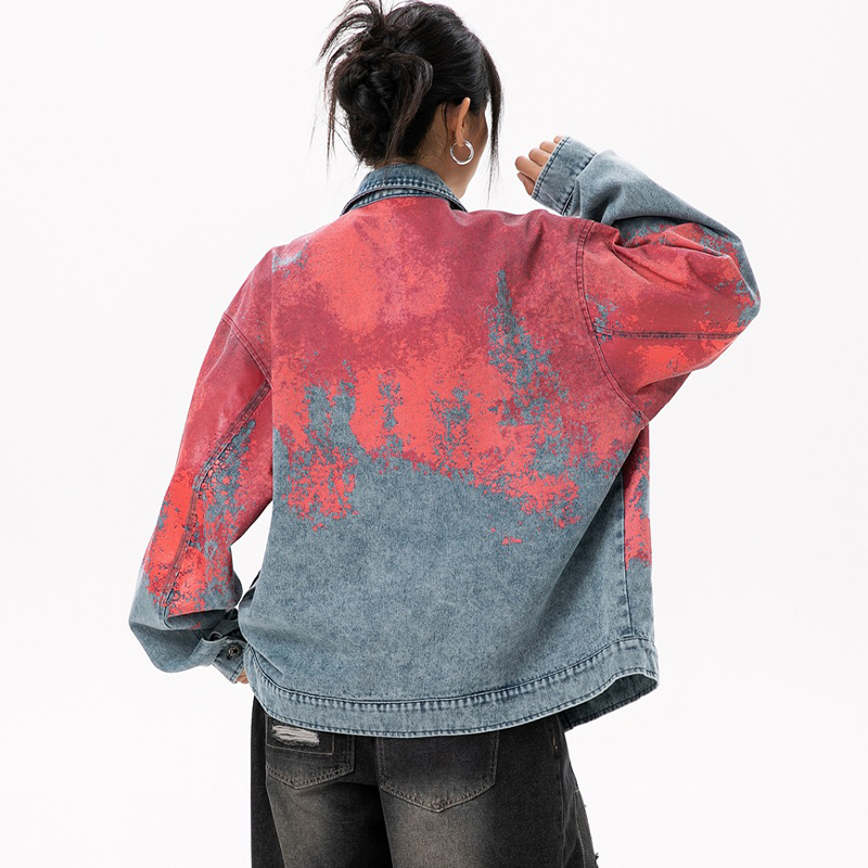 Women's Denim Jean Jacket Women Casual Outwear Fall Jacket Denim Zipper up Coat Oversize Printed Denim Jacket for Ladies
