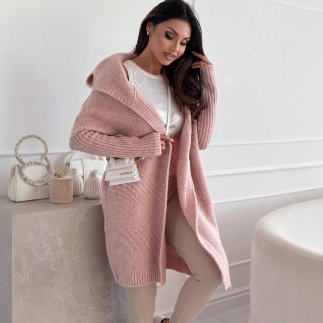 Women's Long Knit Cardigan Sweater Gentle Loose Buttonless Pink Hooded Coat Autumn Solid Classic