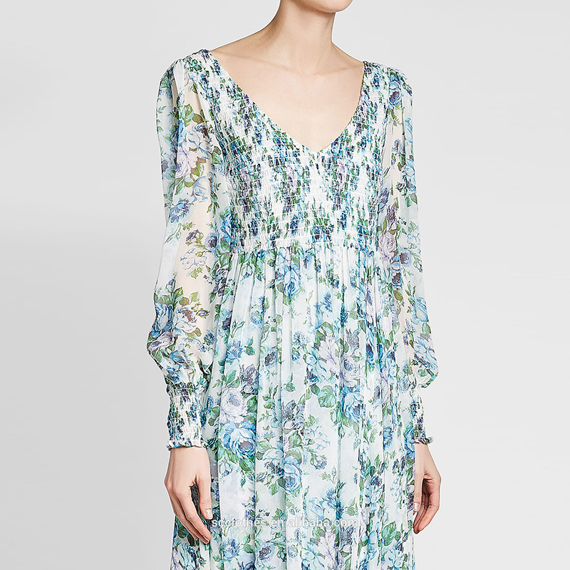 New Design Lady Maxi Dresses Long Sleeve Floral Print Women Dress
