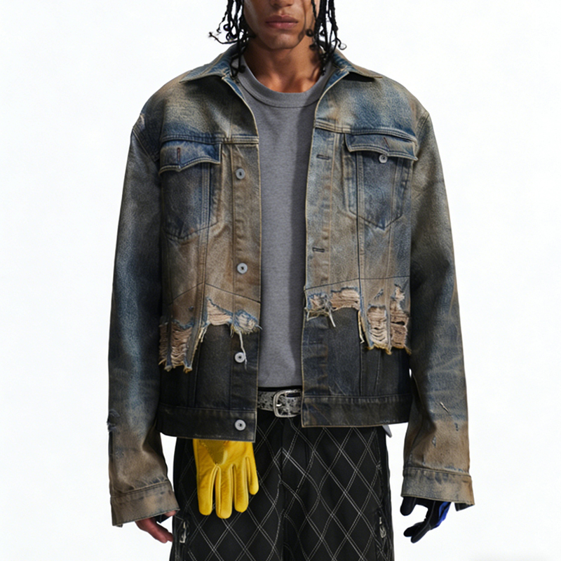 Denim Jacket with Lapel Collar Short Length American Casual Style