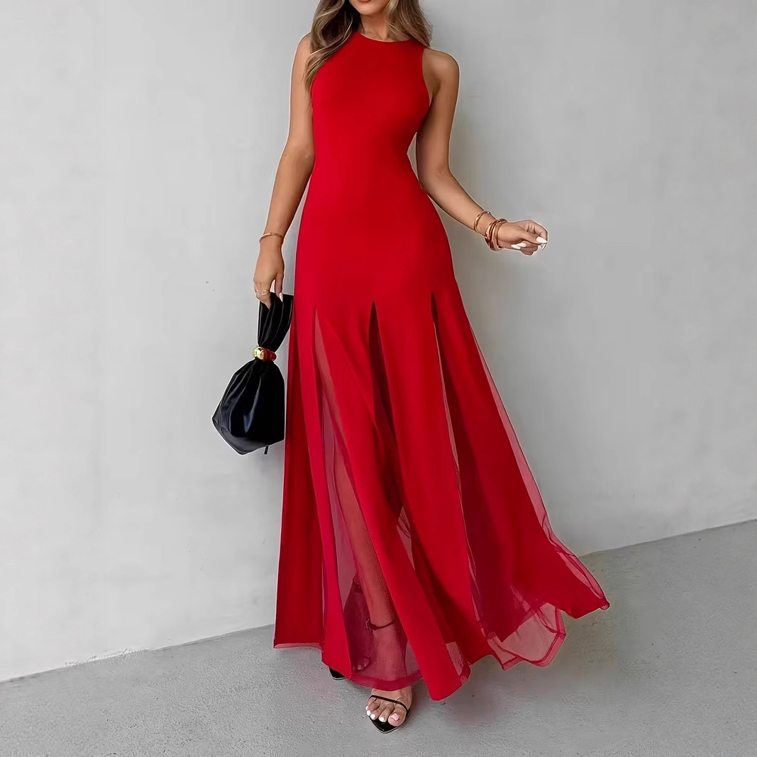Women's Maxi A-Line Chiffon Elegant Summer Beach Sleeveless Dress with Slit Hem and Diamond Decoration Quick Dry
