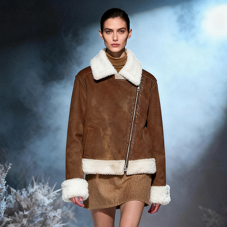 Custom Fashion New Design Long Sleeve Brown Color Zipper Faux Suede Jacket Women's Jacket