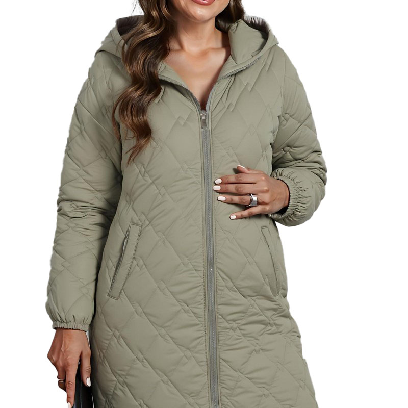 Elegant Beige Quilted Hooded Parka Women's Mid-Length Winter Outerwear Windproof Zipper Stripe